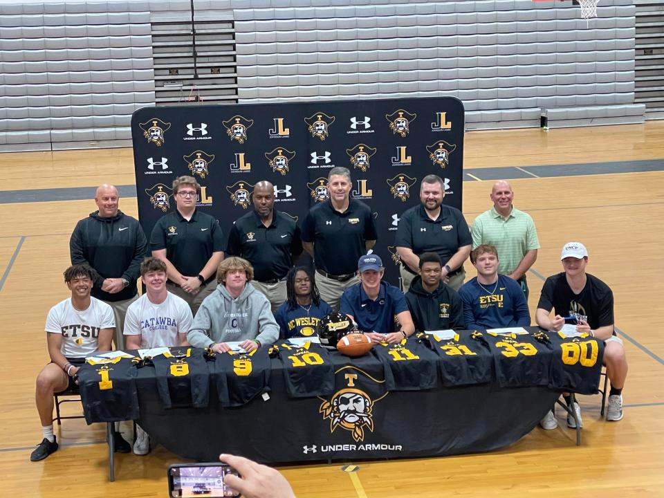 Eight Topsail High School football players signed letters of intent to continue their academic and athletic careers collegiately on March Wednesday, March 29, 2023.