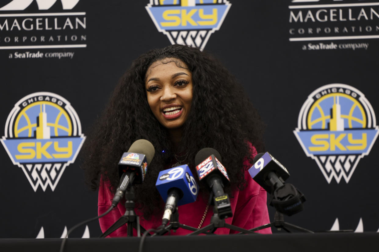 Newly drafted Chicago Sky player Angel Reese answers media questions at Sachs Recreation Center in Deerfield, Ilinois, on April 24, 2024. (Eileen T. Meslar/Chicago Tribune/Tribune News Service via Getty Images)