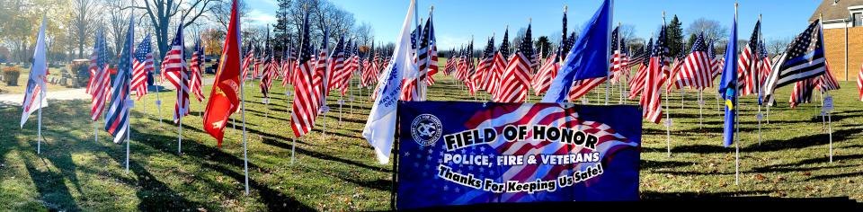 The Field of Honor American flag display in Orrville aims to honor veterans, police officers and firefighters whether they are active, retired, living, or deceased. The display features roughly 140 flags plus one for each branch of the service.