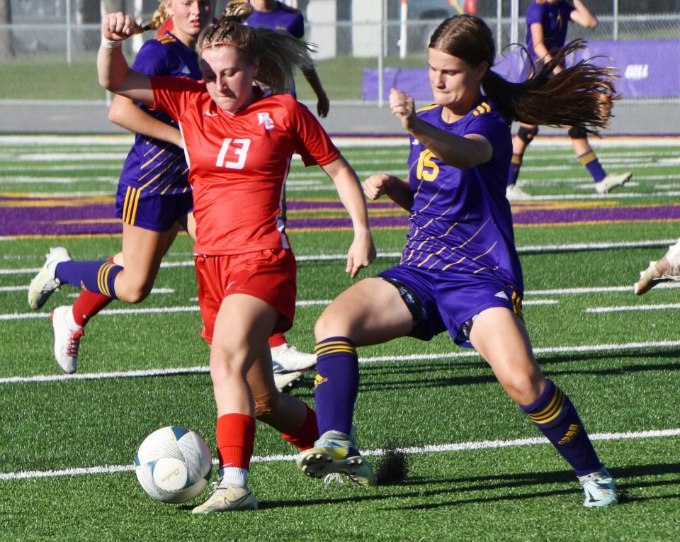 Watertown's Mya York (right) challenges Rapid City Central's Kiley Mellum during their high school girls soccer match on Friday, Aug. 11, 2023 at Allen Mitchell Field in Watertown.
