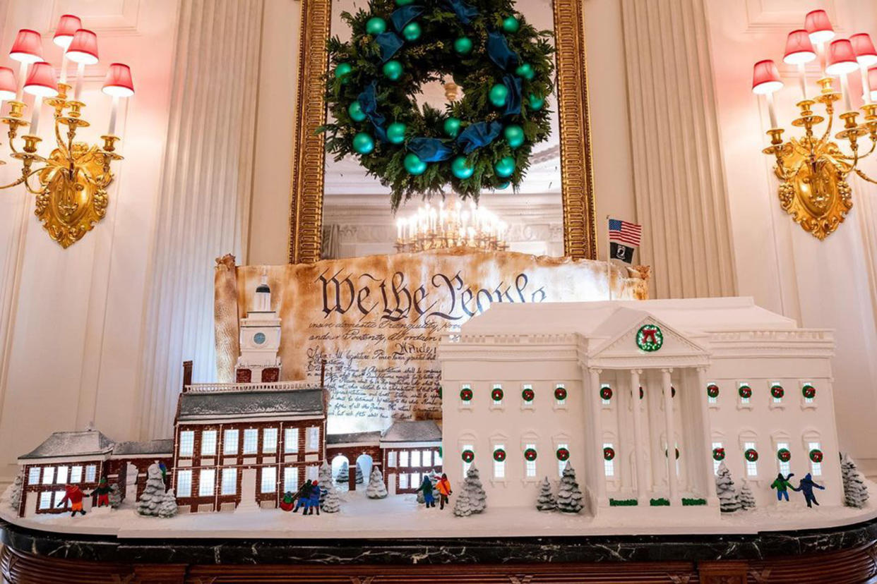 The traditional Gingerbread White House includes a sugar cookie replica of Philadelphia’s Independence Hall, where both the Declaration of Independence and the Constitution were signed. (@flotus via Instagram)