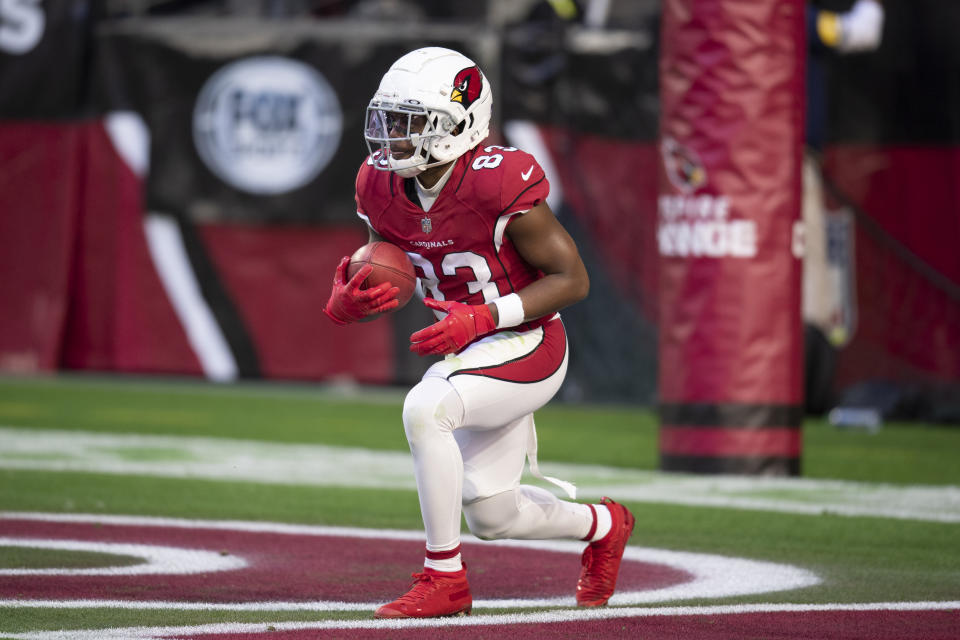 FILE - Arizona Cardinals Greg Dortch (83) takes a knee during a kickoff from the Seattle Seahawks during an NFL Professional Football Game Sunday, Jan. 9, 2022, in Phoenix. The NFL has pushed the kickoff return further toward irrelevance with a priority on player safety. League owners voted Tuesday, May 23, 2023, for a one-year trial of an enhanced touchback rule that will give the receiving team the ball at its own 25 with a fair catch of a kickoff anywhere behind that yard line. (AP Photo/John McCoy)