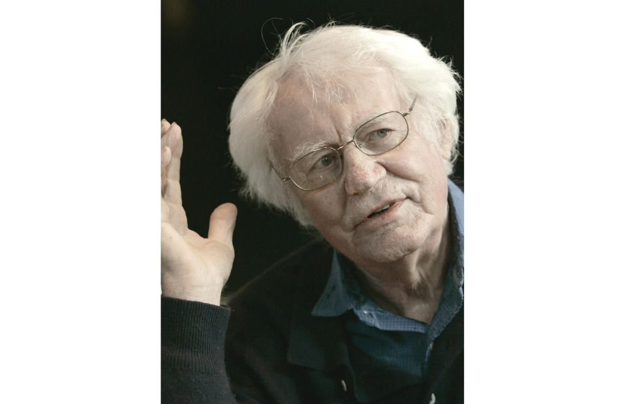 CORRECTS AGE TO 94 INSTEAD OF 95 - FILE - Robert Bly speaks during an interview, Tuesday, Jan. 8, 2008, in Minneapolis. Bly, one of the most prominent American poets of the last half century and author of the best-selling men's movement classic "Iron John," has died. He was 94. His daughter, Mary Bly, said her father died Sunday, Nov. 21, 2021, at his home on Minneapolis after suffering from dementia for 14 years. (AP Photo/Jim Mone, File)