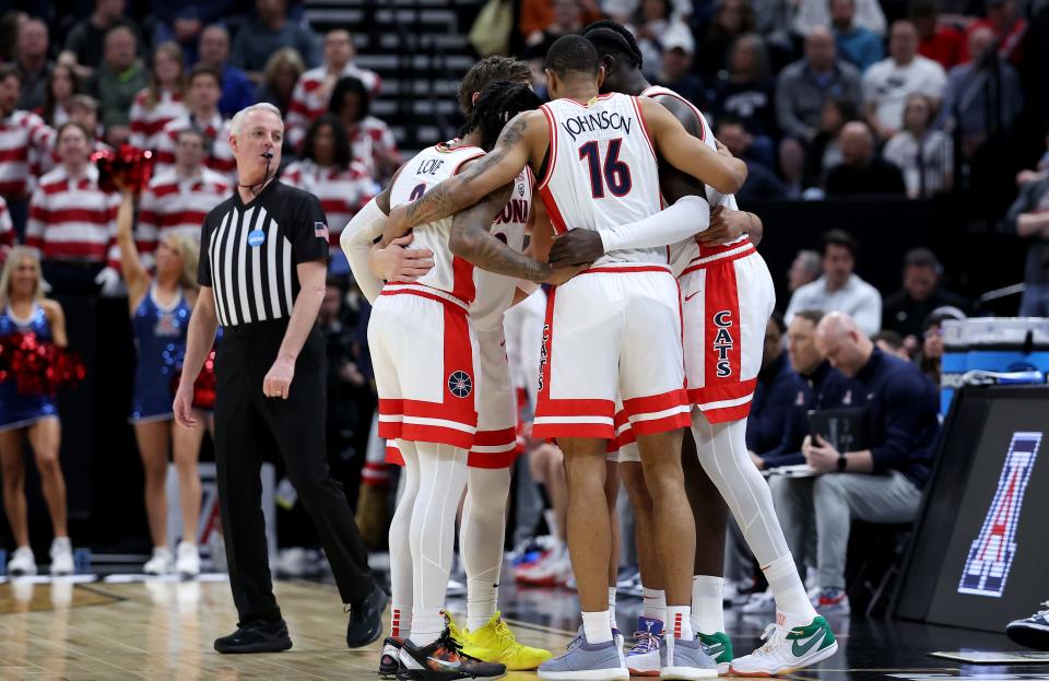 Mar 23, 2024; Salt Lake City, UT, USA; Arizona Wildcats players huddle during the first half in the second round of the 2024 NCAA Tournament against the Dayton Flyers at Vivint Smart Home Arena-Delta Center. Mandatory Credit: Rob Gray-USA TODAY Sports