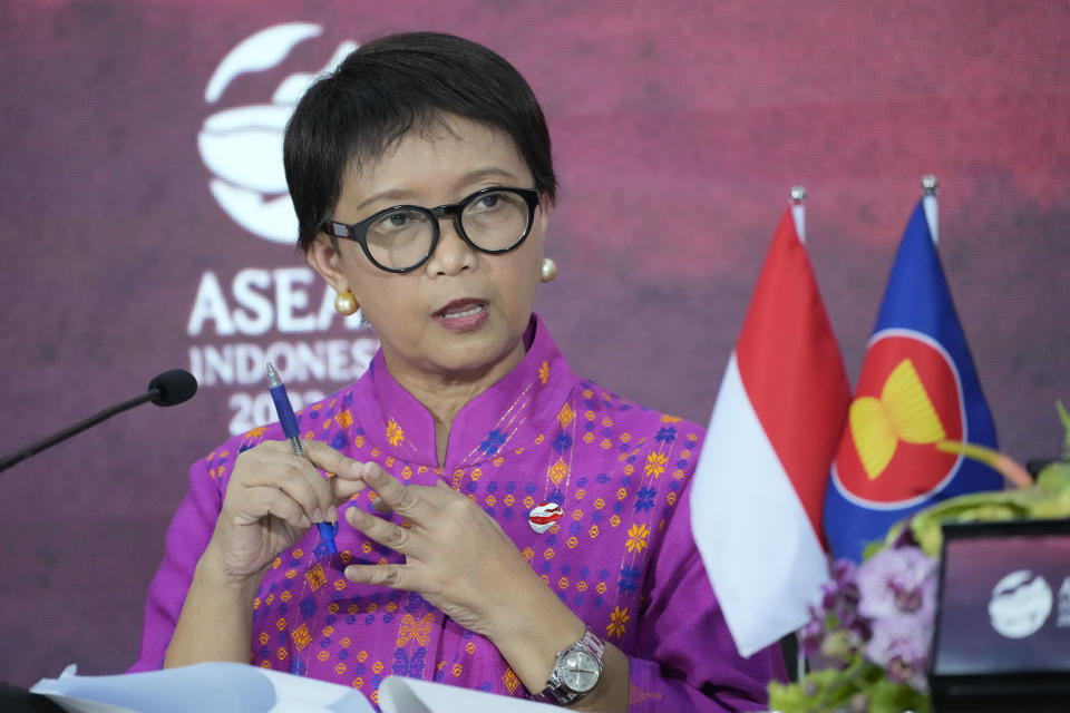 Indonesian Foreign Minister Retno Marsudi gestures during a press conference the 42nd ASEAN Summit in Labuan Bajo,East Nusa Tenggara province, Indonesia, Thursday, May 11, 2023. (AP Photo/Achmad Ibrahim, pool)