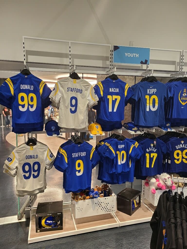 Puka Nacua No. 17 jerseys are displayed front and center in a Los Angeles sporting goods store earlier this month. | Golden Holt