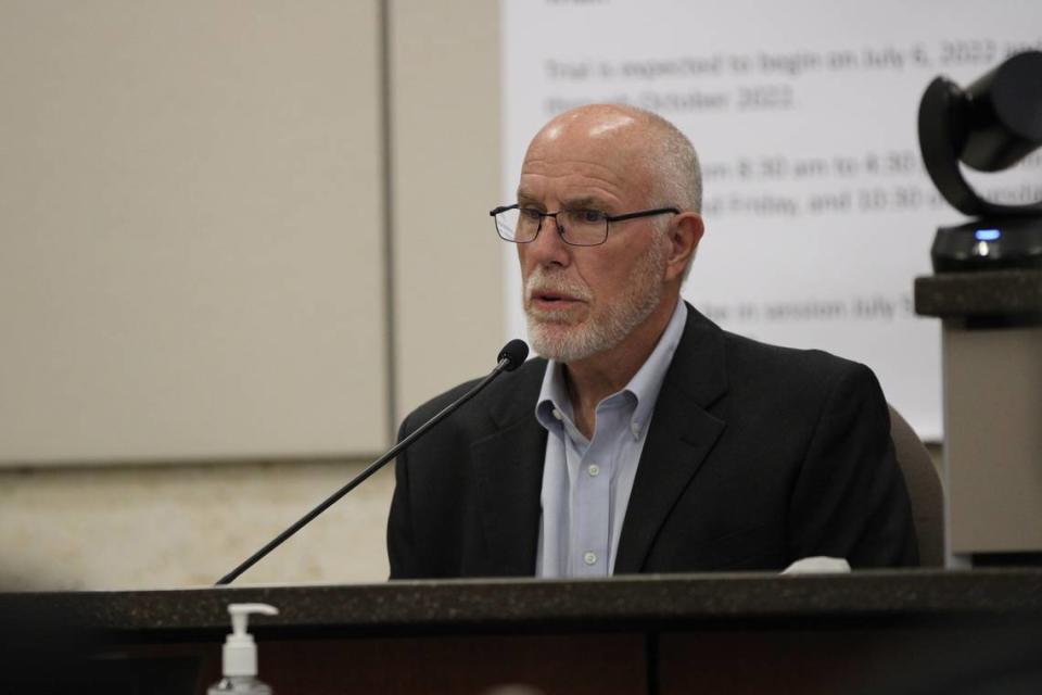 Wayne Behrens, a cadaver dog handler, testifies in the Kristin Smart murder trial inside Monterey County Superior Court in Salinas on Aug. 16, 2022.