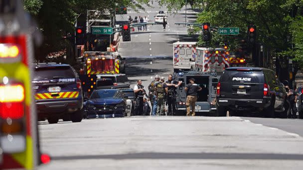 PHOTO: Police officers work the scene of a shooting near a medical facility, May 3, 2023, in Atlanta. (Megan Varner/Getty Images)