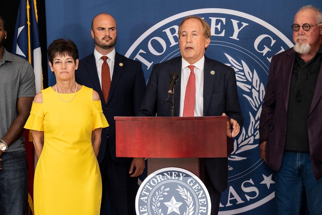 Texas Attorney General Ken Paxton speaks during a press conference on a statewide effort to combat opioids among high schoolers at the William P. Clements State Office Building on Wednesday, Oct. 12, 2022. 