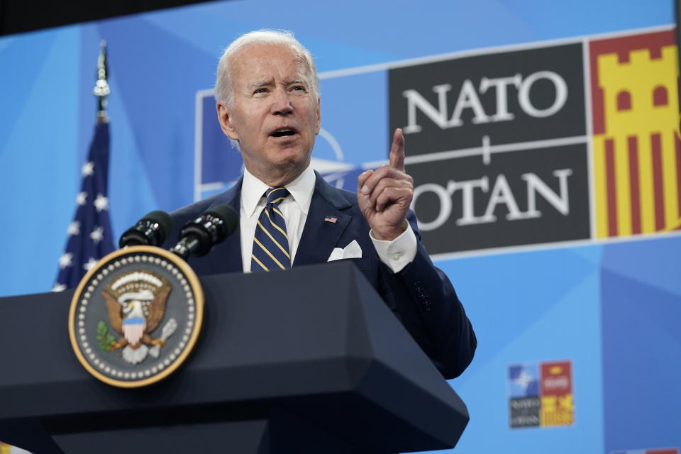 President Biden speaks at a news conference on the final day of the NATO summit in Madrid.