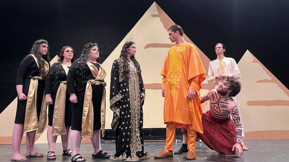 The Queen of the Night (Erin Hinds, center left) faces off with Sarastro (Evan Hample, center right) in WT Opera's "The Magic Flute." Also pictured, from left, are Codi Hittson, Chloe Ridolfo, Shannon Burr, Mitchell Hernandez and Zachary Todd.