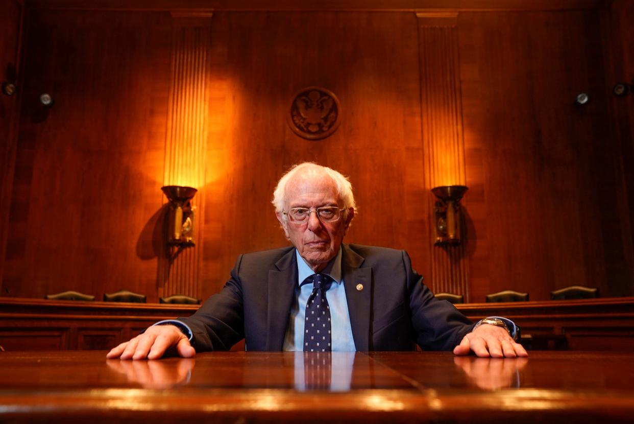 Sen. Bernie Sanders is photographed in the Health, Education, Labor, and Pensions (HELP) committee hearing room in the Dirksen Senate building on Capitol Hill in Washington, Wednesday, May 1, 2024. Sanders is the Chair of the committee.