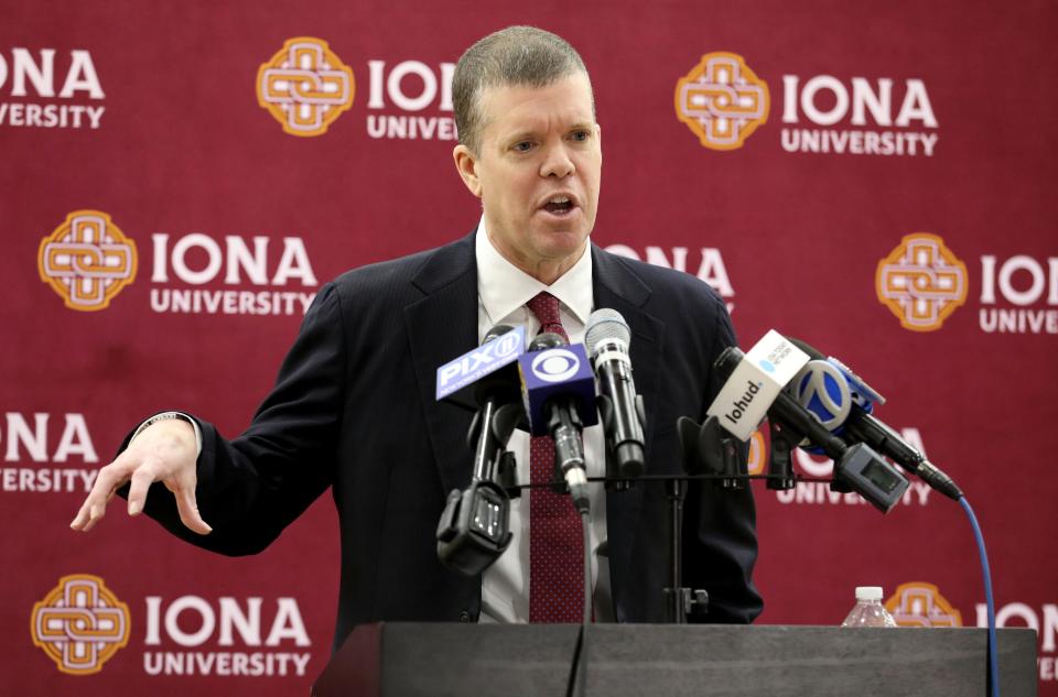 Tobin Anderson delivers remarks as he is introduced as the new men's basketball coach at Iona University, during a press conference at the school in New Rochelle, March 22, 2022.