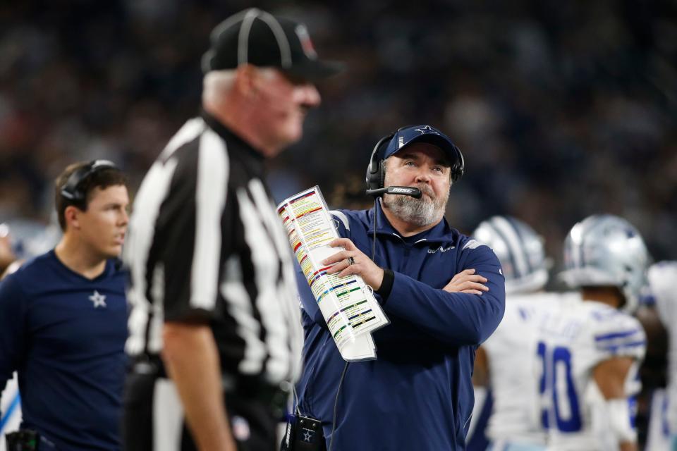 Cowboys coach Mike McCarthy reacts to a penalty call in the fourth quarter Thursday against the Raiders.
