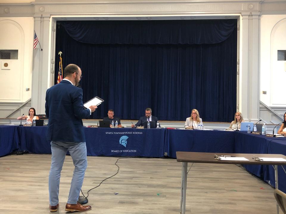 Brent Rivers, Sparta supervisor of English and language arts in grades 6-12, speaks to the Sparta Board of Education about concerns to policy changes for selection of library resource materials at the board's meeting Thursday, July 20, 2023.