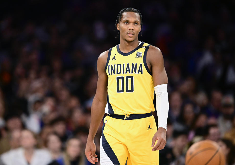 NEW YORK, NEW YORK - FEBRUARY 10:  Bennedict Mathurin #00 of the Indiana Pacers looks on against the New York Knicks at Madison Square Garden on February 10, 2024 in New York City. NOTE TO USER: User expressly acknowledges and agrees that, by downloading and or using this photograph, User is consenting to the terms and conditions of the Getty Images License Agreement. (Photo by Steven Ryan/Getty Images)