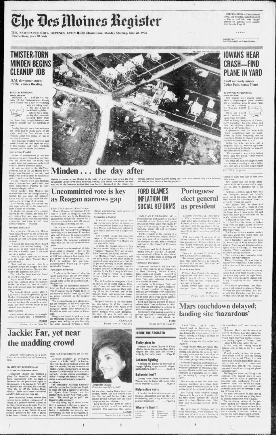 A June 1976 edition of the Des Moines Register reports on Minden's recovery effort after a devastating tornado. The town was hit and severely damaged again in April 26 storms.