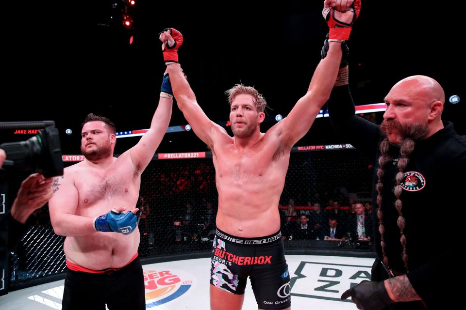 Jake Hager celebrates his win over T.J. Jones at Bellator 221. (Photo courtesy of Bellator)