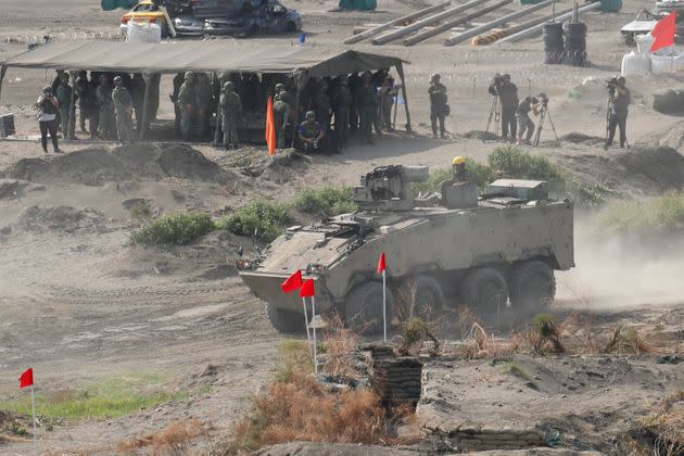Cm32 armoured vehicles  are deployed to carry out a shore defense operation as part of the 37th edition of the HanKuang military exercise, in Taipei, Taiwan, 16 September 2021. Training including risks assessment and monitoring of enemies have been conducted in the face of the intensifying #threats from China, with the US offering arms sale to the self-ruled island, whilst the island has been building better relations with Japan and other European countries such as Czech Republic, Lithuania and Poland. (Photo by Ceng Shou Yi/NurPhoto via Getty Images) (Photo: NurPhoto via Getty Images)