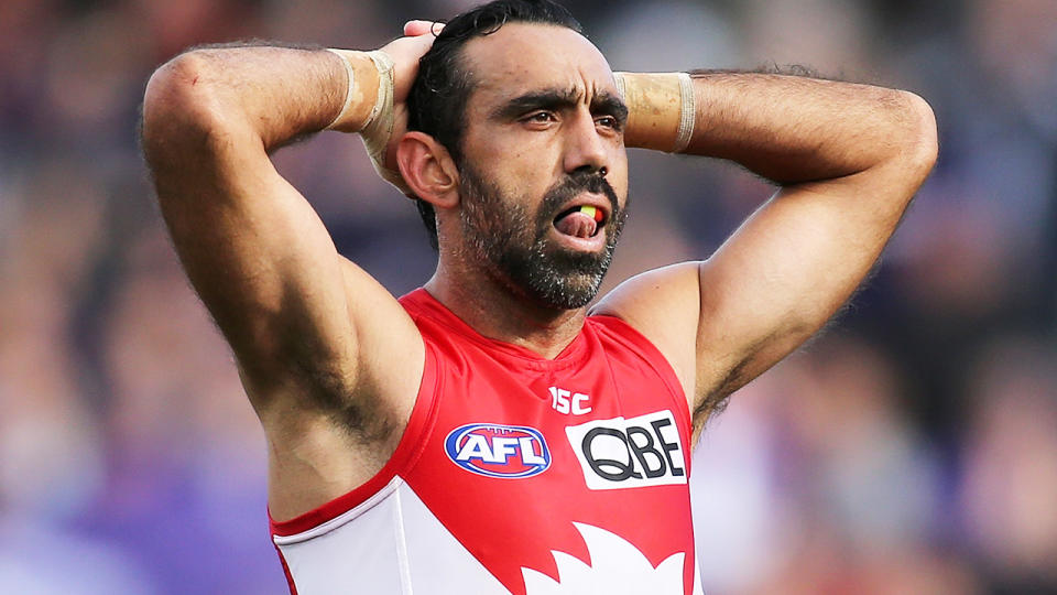 Adam Goodes looks on during a game for the Sydney Swans in 2015.  (Photo by Paul Kane/Getty Images)