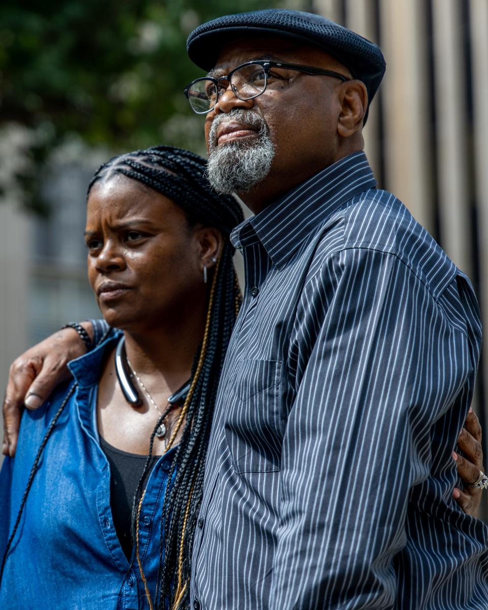 Glynn Simmons, a former death row inmate recently released after 48 years in prison, hugs his cousin, Cecilia Hawthorne, at a press conference in September in front of the Oklahoma County Courthouse.