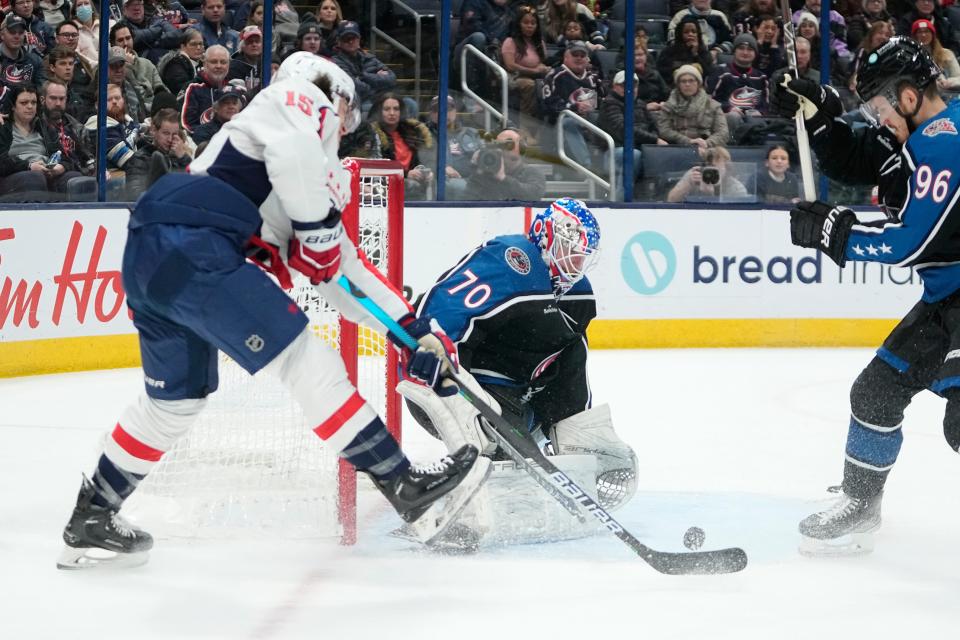 Jan 31, 2023; Columbus, Ohio, USA;  Columbus Blue Jackets goaltender Joonas Korpisalo (70) makes a save on a shot from Washington Capitals left wing Sonny Milano (15)during the second period of the NHL hockey game at Nationwide Arena. Mandatory Credit: Adam Cairns-The Columbus Dispatch