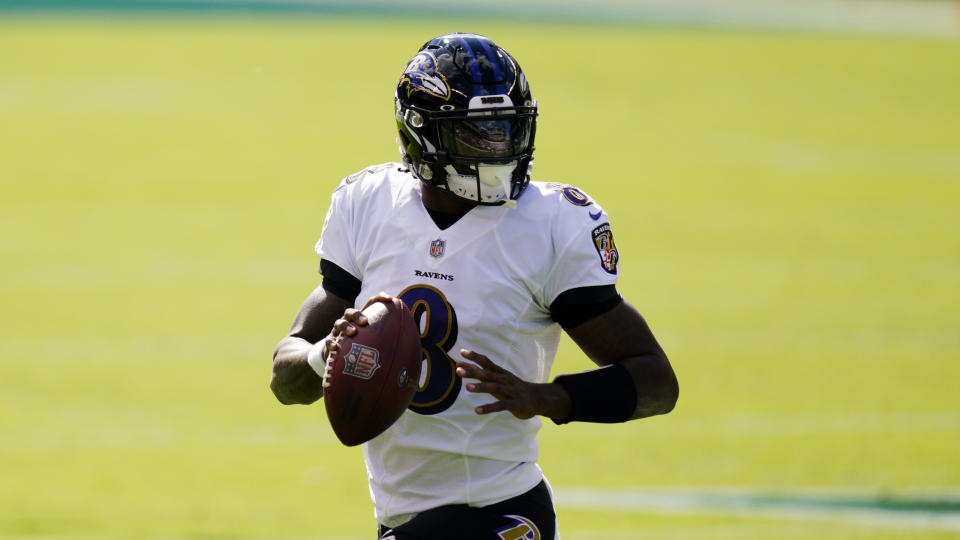 Baltimore Ravens quarterback Lamar Jackson plays during an NFL game against the Philadelphia Eagles.