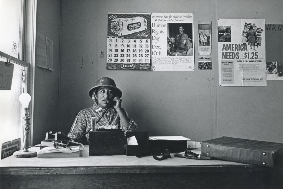 In this undated photo, labor leader Maria Moreno speaks with migrant farmworkers in rural California. A new film dives into the mystery around the Mexican American labor leader who organized farmworkers years before Cesar Chavez and Dolores Huerta and then disappeared from the public eye. (George Ballis/Take Stock via AP)