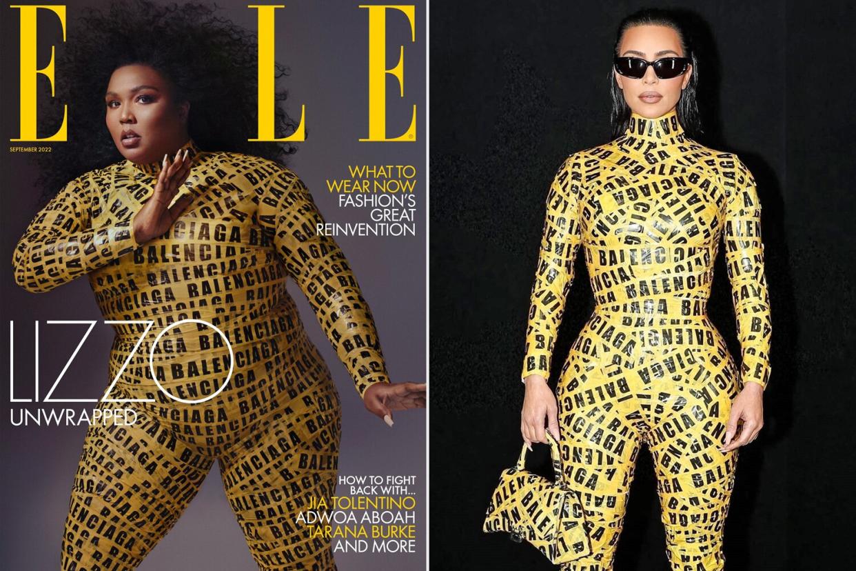 ELLE UK; Lizzo Recreates Kim Kardashian's Balenciaga Tape Ensemble For Elle UK Cover; Paris, FRANCE - *EXCLUSIVE* - Kim Kardashian dons a yellow caution tape ensemble at the Balenciaga Fall/Winter 2022/2023 show during Paris Fashion Week at Le Bourget in Paris, France. Pictured: Kim Kardashian BACKGRID USA 6 MARCH 2022 BYLINE MUST READ: Best Image / BACKGRID USA: +1 310 798 9111 / usasales@backgrid.com UK: +44 208 344 2007 / uksales@backgrid.com *UK Clients - Pictures Containing Children Please Pixelate Face Prior To Publication*
