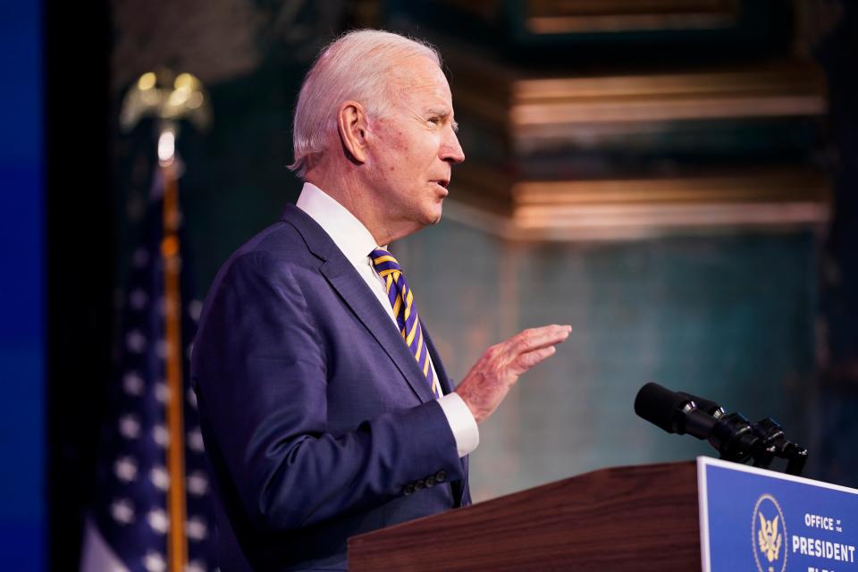 <p>El presidente electo Joe Biden habla en el teatro The Queen el martes 29 de diciembre de 2020 en Wilmington, Delaware. </p> (AP Foto/Andrew Harnik)