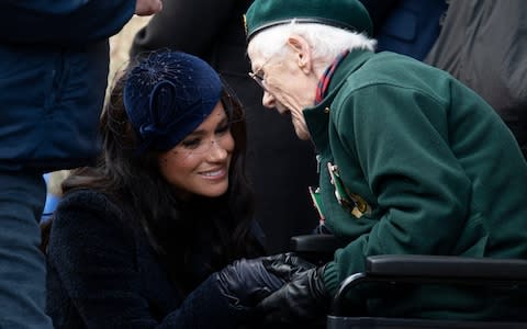 The Duchess of Sussex meets Elizabeth Herschel, veteran of the Auxiliary Territorial Service - Credit: Geoff Pugh