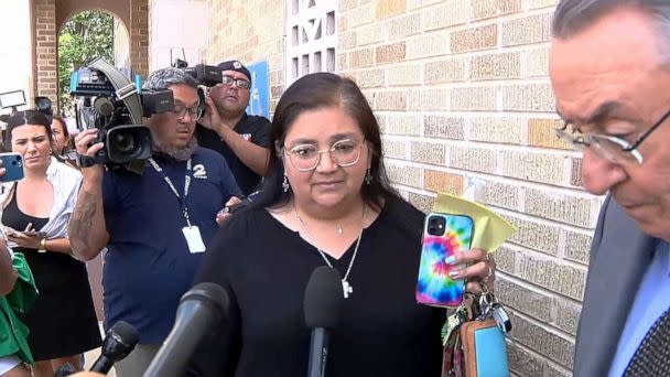 PHOTO: Principal Mandy Gutierrez speaks to reporters outside a committee hearing on Robb Elementary shooting investigation, Uvalde, Texas, June 16, 2022. (KSAT)