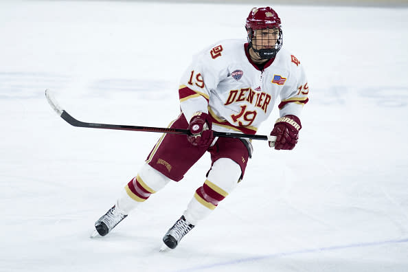 DENVER, CO - JANUARY 7: University of Denver forward Troy Terry #19 skates during the third period of an NCAA hockey game against the Arizona State Sun Devils at DU's Magness Arena on January 7, 2017, in Denver, Colorado. (Photo by Daniel Petty/The Denver Post via Getty Images)