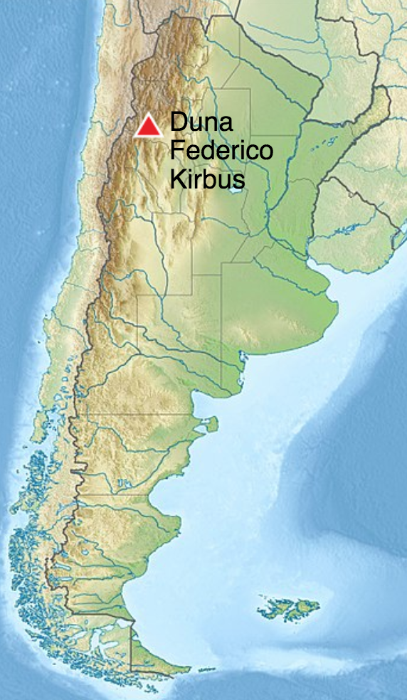 Mapa de la ubicación de la duna de Kirbus, parte de las dunas de Tatón en <span>el valle denominado Bolsón de Fiambalá, Catamarca, Argentina (Foto: Wikipedia)</span>