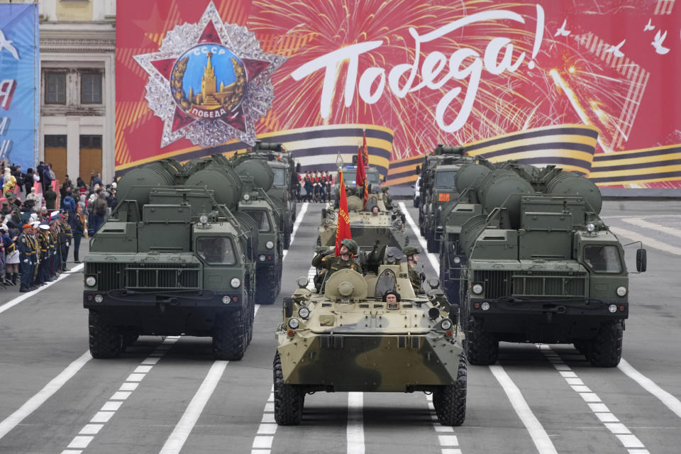 Russian S-400 anti-aircraft missile system launchers and APCs roll during a rehearsal for the Victory Day military parade at Dvortsovaya (Palace) Square in St. Petersburg, Russia, Sunday, May 5, 2024. The parade will take place at St. Petersburg's Palace Square on May 9 to celebrate 79 years since the victory in WWII. (AP Photo/Dmitri Lovetsky)