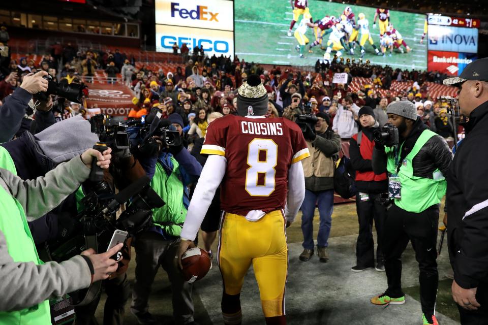 LANDOVER, MD - NOVEMBER 20: Quarterback Kirk Cousins #8 of the Washington Redskins walks off of the field after the Washington Redskins defeated the Green Bay Packers 42-24 at FedExField on November 20, 2016 in Landover, Maryland. (Photo by Patrick Smith/Getty Images)