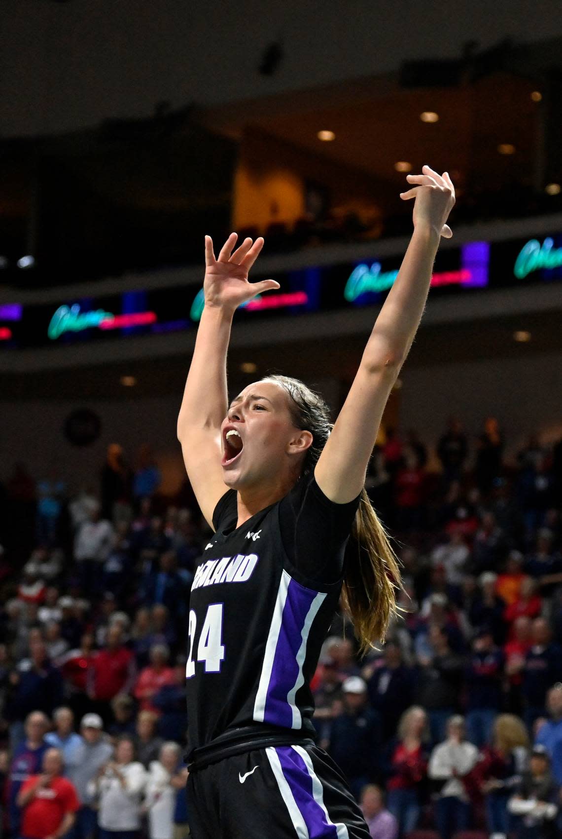 Portland guard Maisie Burnham celebrates after the team’s win over Gonzaga in an NCAA college basketball game in the final of the West Coast Conference women’s tournament Tuesday, March 7, 2023, in Las Vegas. (AP Photo/David Becker)