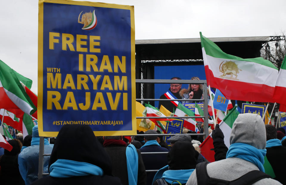 Supporters of Maryam Rajavi, the leader of the National Council of Resistance of Iran, gather during a rally in Paris, Friday Feb.8, 2019 as Iran marks the 40th anniversary of its Islamic Revolution. (AP Photo/Francois Mori)