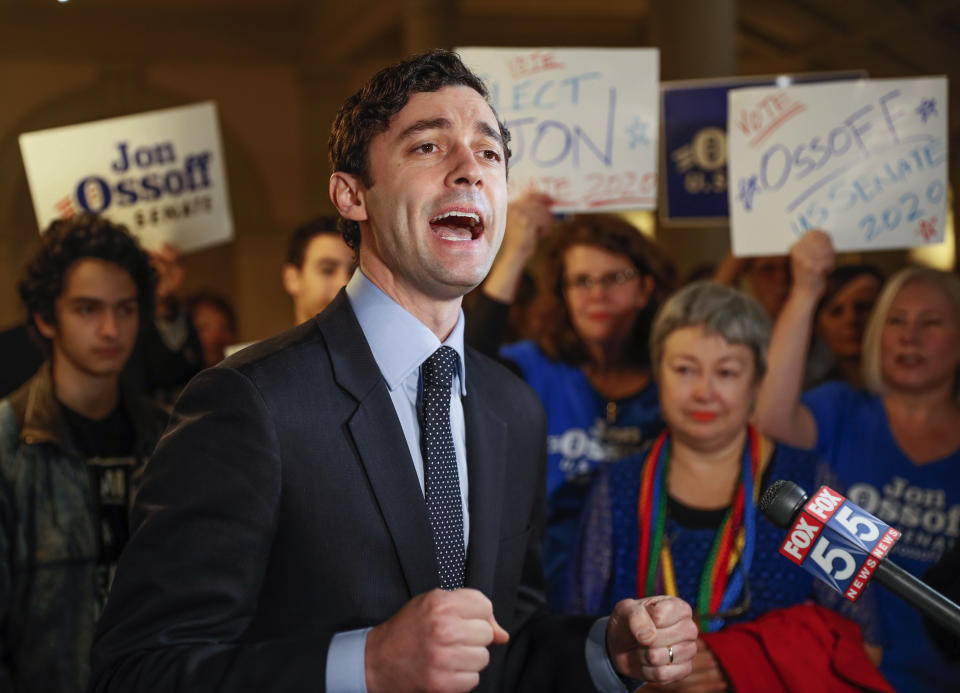 FILE - In this Wednesday, March 4, 2020, file photo, Jon Ossoff speaks to the the media and supporters after he qualified to run in the Senate race against Republican Sen. David Perdue in Atlanta. Ossoff, a young Georgia media executive known for breaking fundraising records during a 2017 special election loss for a U.S. House seat, beat back a field of Democratic primary opponents to win a spot taking on Republican Sen. David Perdue in November, according to votes tallied as of late Wednesday, June 10, 2020. (Bob Andres/Atlanta Journal-Constitution via AP, File)