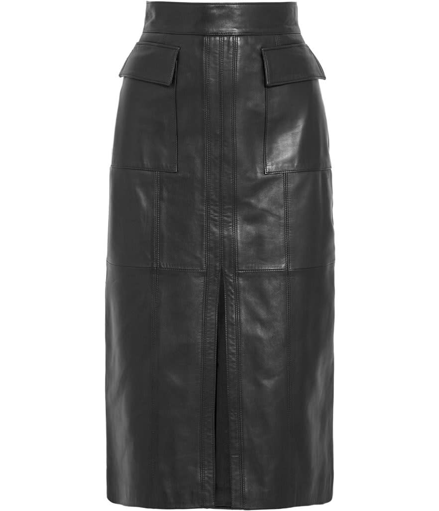 <p>Pedro Del Hierro Madrid Epifanio Leather Skirt, $2,345, <a href="http://www.net-a-porter.com/us/en/product/601538" rel="nofollow noopener" target="_blank" data-ylk="slk:net-a-porter.com;elm:context_link;itc:0;sec:content-canvas" class="link ">net-a-porter.com</a><br><br></p>