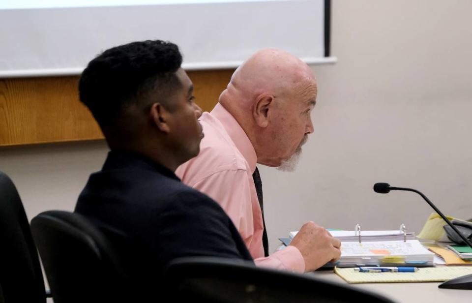 Daniel Saligan Patricio, left, attends his preliminary hearing with his attorney, Ilan Funke-Bilu, at San Luis Obispo Superior Court on Nov. 14, 2023. Saligan Patricio is charged with two counts of vehicular manslaughter for the killings of Jennifer Besser and Matthew Chachere on Nov. 21, 2022. 