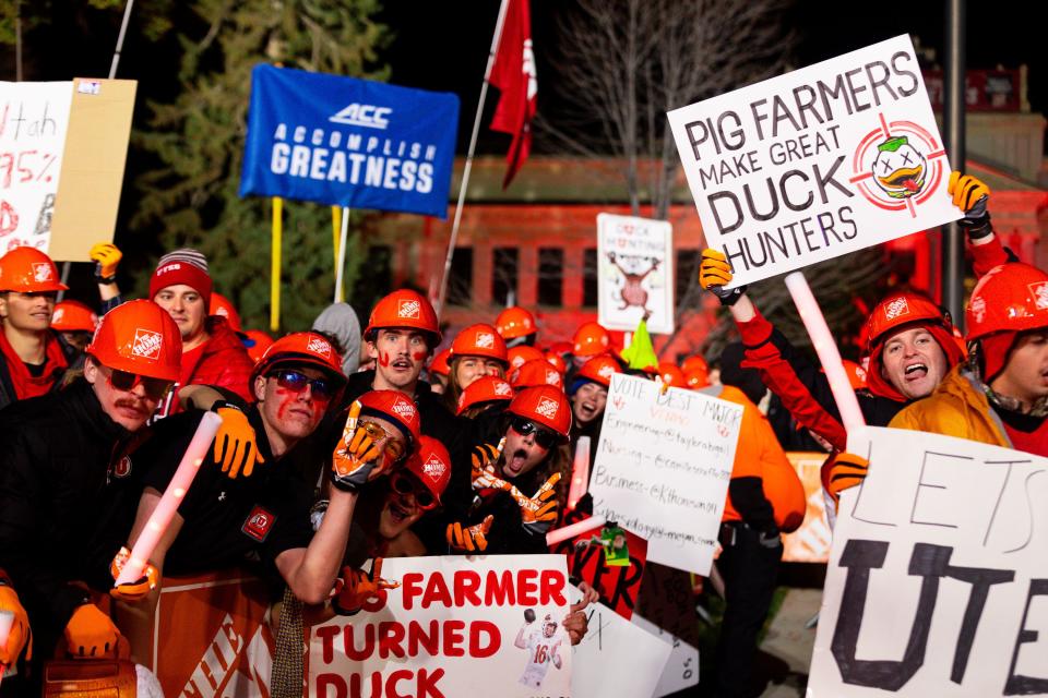 The crowd of mostly University of Utah students cheers before the filming of ESPN’s “College GameDay” show at the University of Utah in Salt Lake City on Saturday, Oct. 28, 2023. | Megan Nielsen, Deseret News