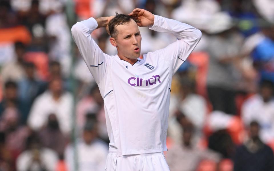 Tom Hartley of England reacts after bowling during day one of the 1st Test Match between India and England at Rajiv Gandhi International Stadium on January 25, 2024 in Hyderabad, India