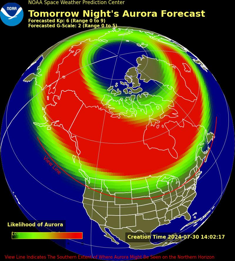 A map from NOAA indicating which states will be able to see the Northern Lights this week. This particular graphic represents what can be seen on the night of Tuesday, July 30.