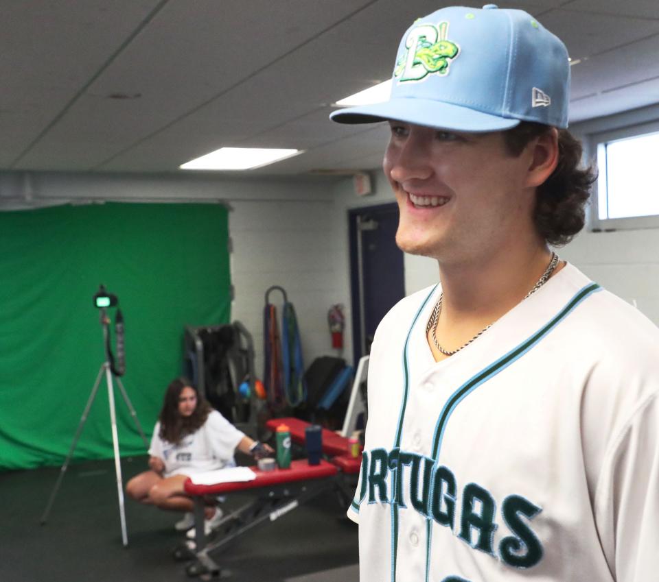 Daytona Tortugas pitcher Adam Serwinowski smiles during an interview, Wednesday, April 3, 2024.