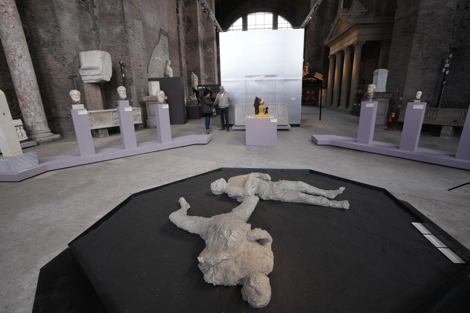 A view of the exhibition 'Between us and the ancients. The instant and eternity' in Rome's Diocletian Baths, Wednesday, May 3, 2023. The exhibition will open to the public from May 4 through July 30, 2023. (AP Photo/Domenico Stinellis)