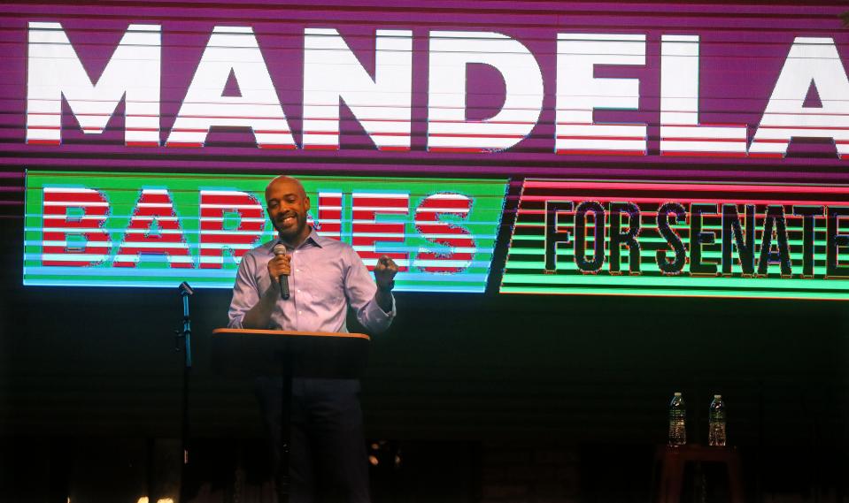 Mandela Barnes gives speech after he was announced the winner in  the Demoncratic Senate primary in Wisconsin on Tuesday, Aug. 9, 2022 at The Cooperage in Milwaukee.