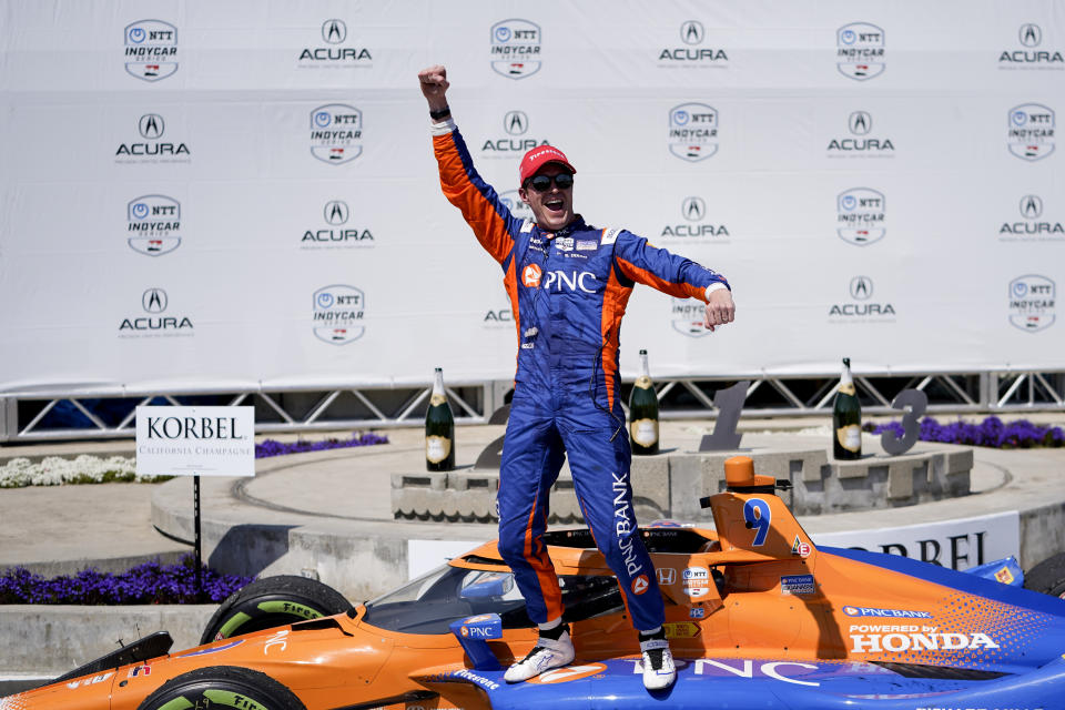 Chip Ganassi Racing driver Scott Dixon celebrates his victory during the IndyCar Grand Prix of Long Beach auto race Sunday, April 21, 2024, in Long Beach, Calif. (AP Photo/Ryan Sun)
