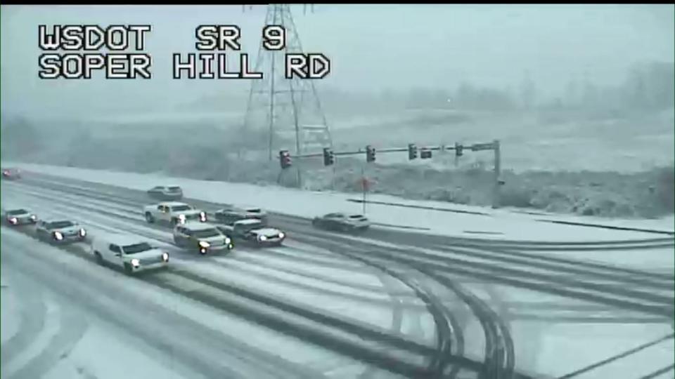 Washington State Department of Transportation cameras showed snow falling around Western Washington Wednesday.