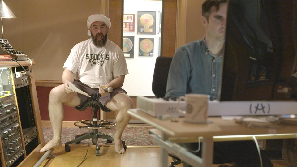 Wilmington's Nick Krill (right) works with Philadelphia Eagles center Jason Kelce, recording a song earlier this year for the annual "A Philly Special Christmas Special" album.